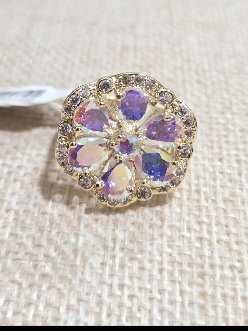Gold-Tone Aurora Borealis Floral Cocktail Ring - Iridescent Purple~ Size 5